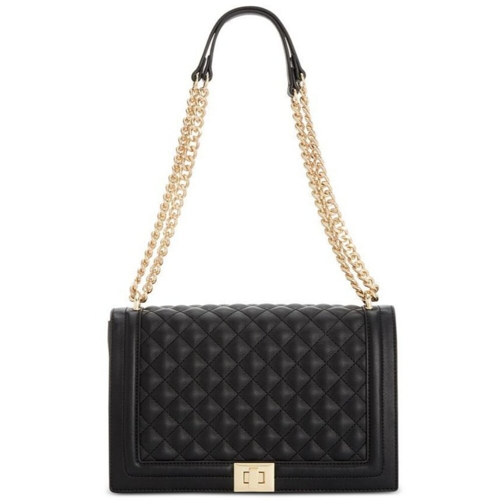 INC International Concepts Black Quilted Shoulder Bag with Gold Chain